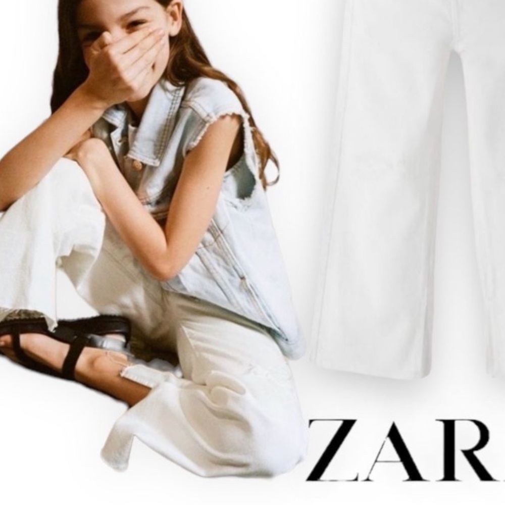 Zara Wide-leg Silhouette Girls Jeans Raw Hem Beige Size 9